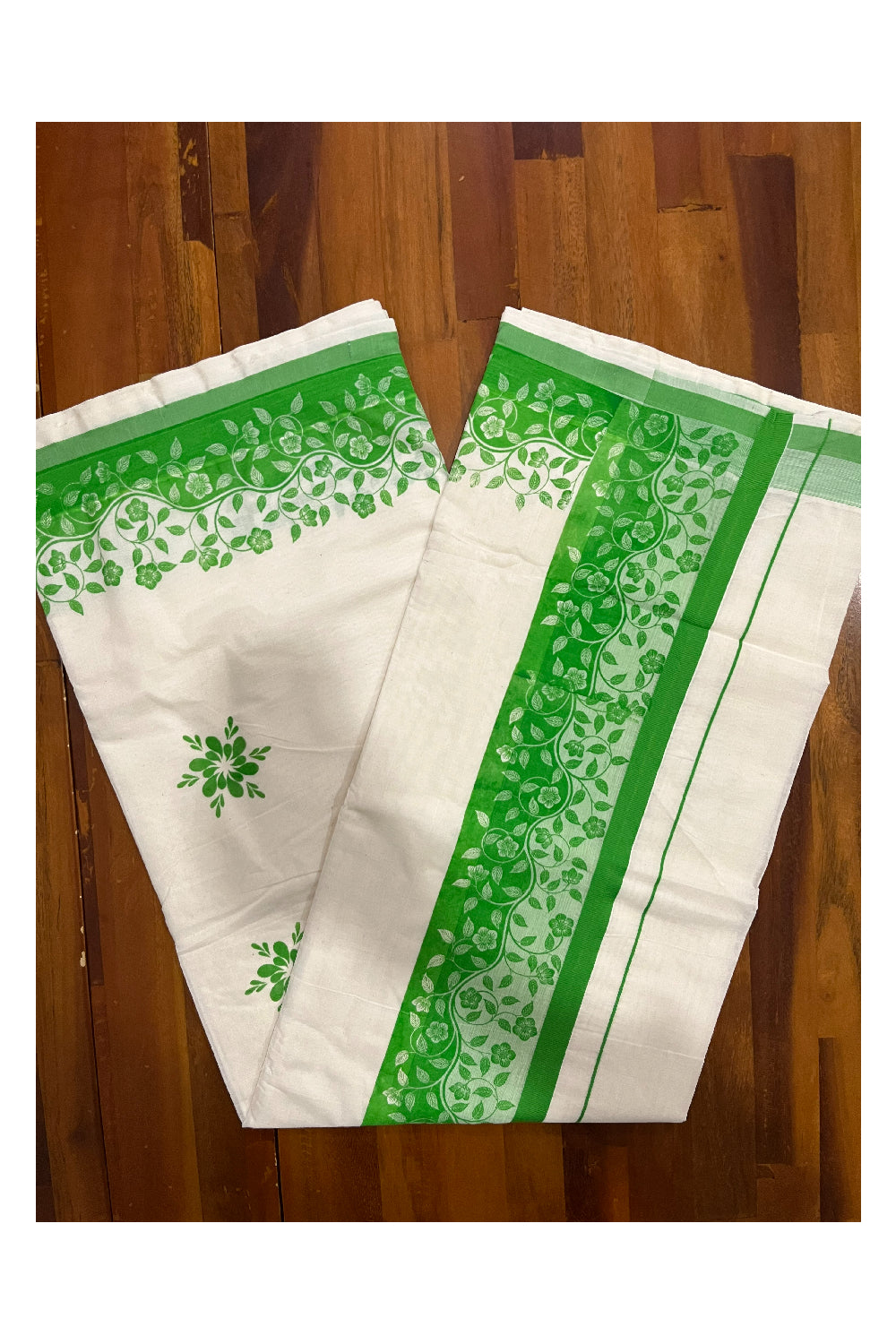 Kerala Cotton Saree with Light Green Floral Block Prints on Border (Onam Saree 2023)