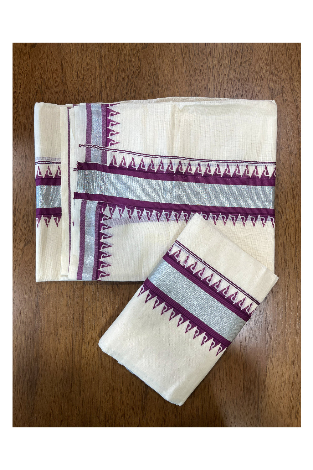 Cotton Single Set Mundu (Mundu Neriyathum) with Magenta Temple Block Prints and Silver Kasavu Border