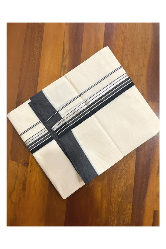 Pure Cotton 100x100 Double Mundu with Silver Kasavu and Black Border (Onam Mundu 2023)