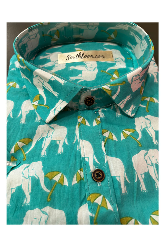 Southloom Jaipur Cotton Turquoise with Elephant Hand Block Printed Shirt (Half Sleeves)