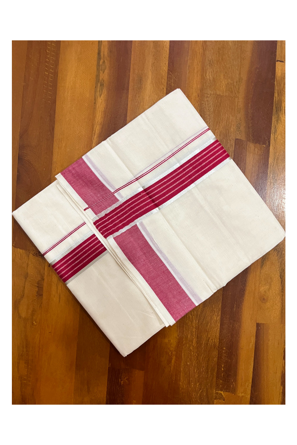 Kerala Cotton Double Mundu with Maroon and Silver Kasavu Line Border (Onam Mundu 2023)