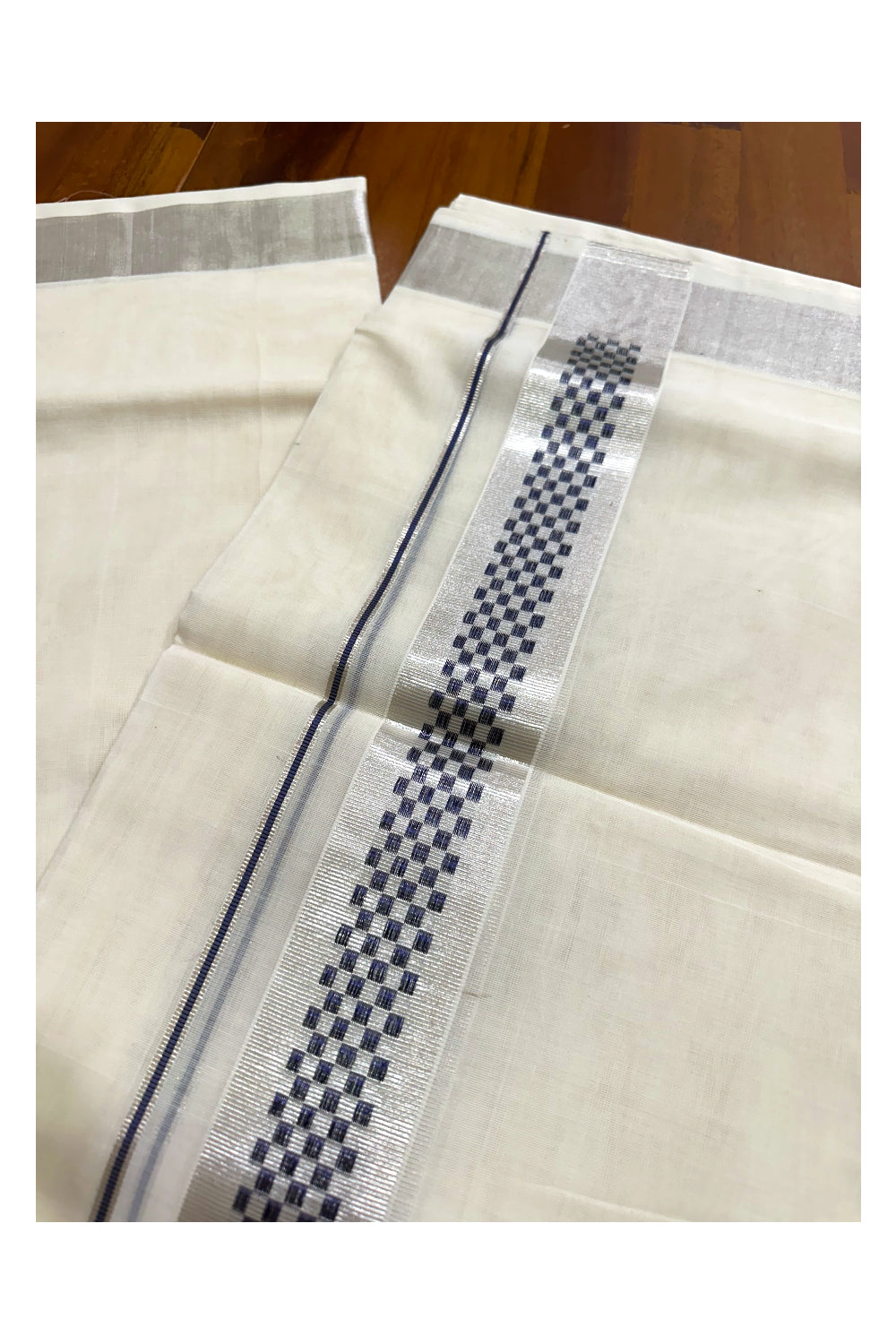 Premium Balaramapuram Handloom Unakkupaavu Cotton Double Mundu with Silver Kasavu and Blue Paa Neythu Border