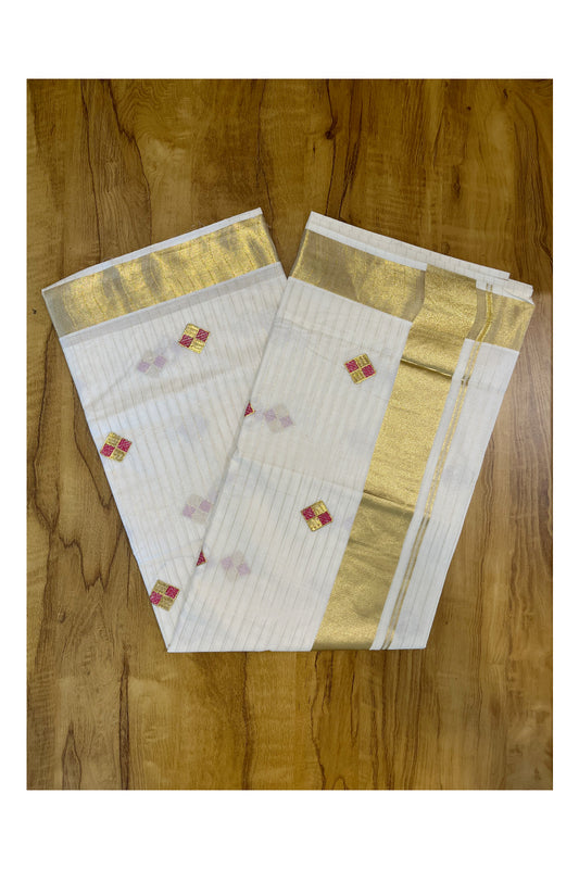 Kerala Cotton Kasavu Lines Saree with Pink and Golden Diagonal Embroidery Work