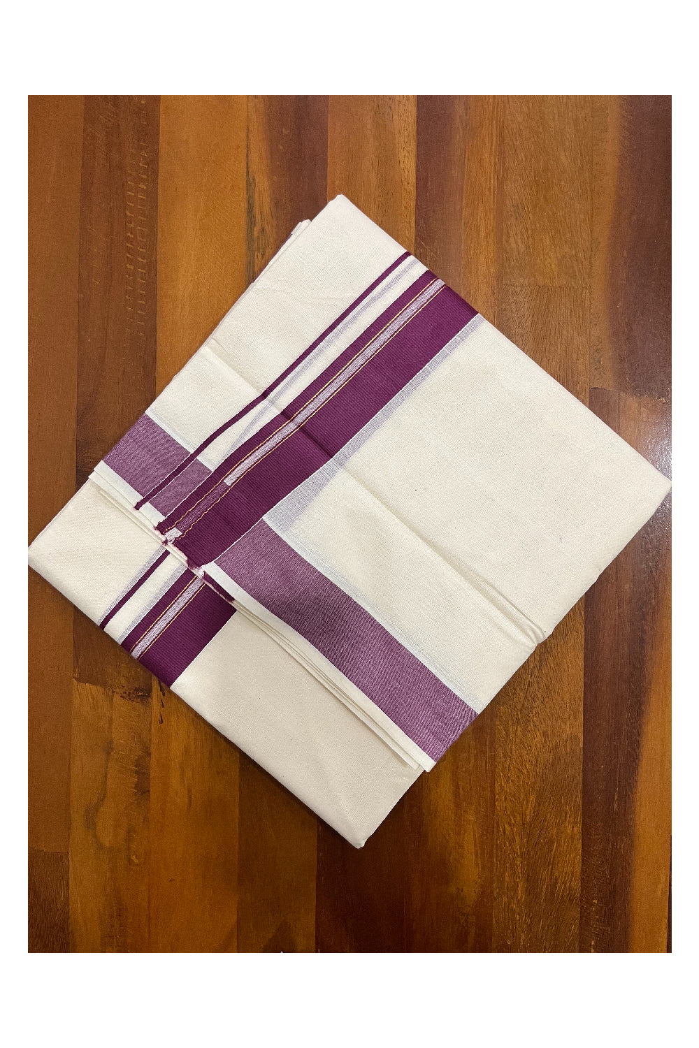 Pure Cotton Kerala Double Mundu with Purple and Kasavu Line Kara (South Indian Kerala Dhoti)