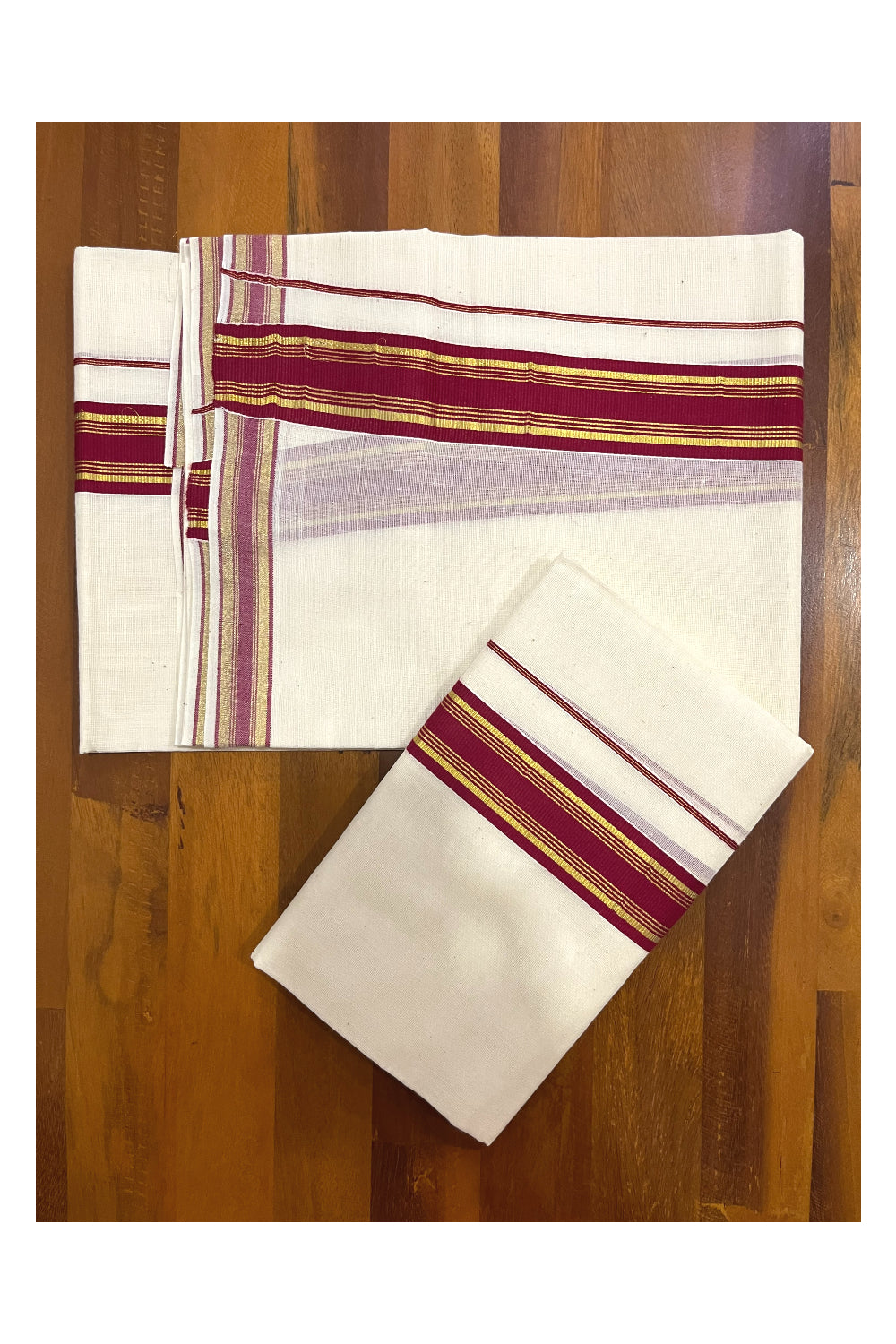 Pure Cotton Kerala Single Set Mundu (Mundum Neriyathum) with Maroon and Kasavu Border 2.80 Mtrs (Onam Set Mundu 2023)