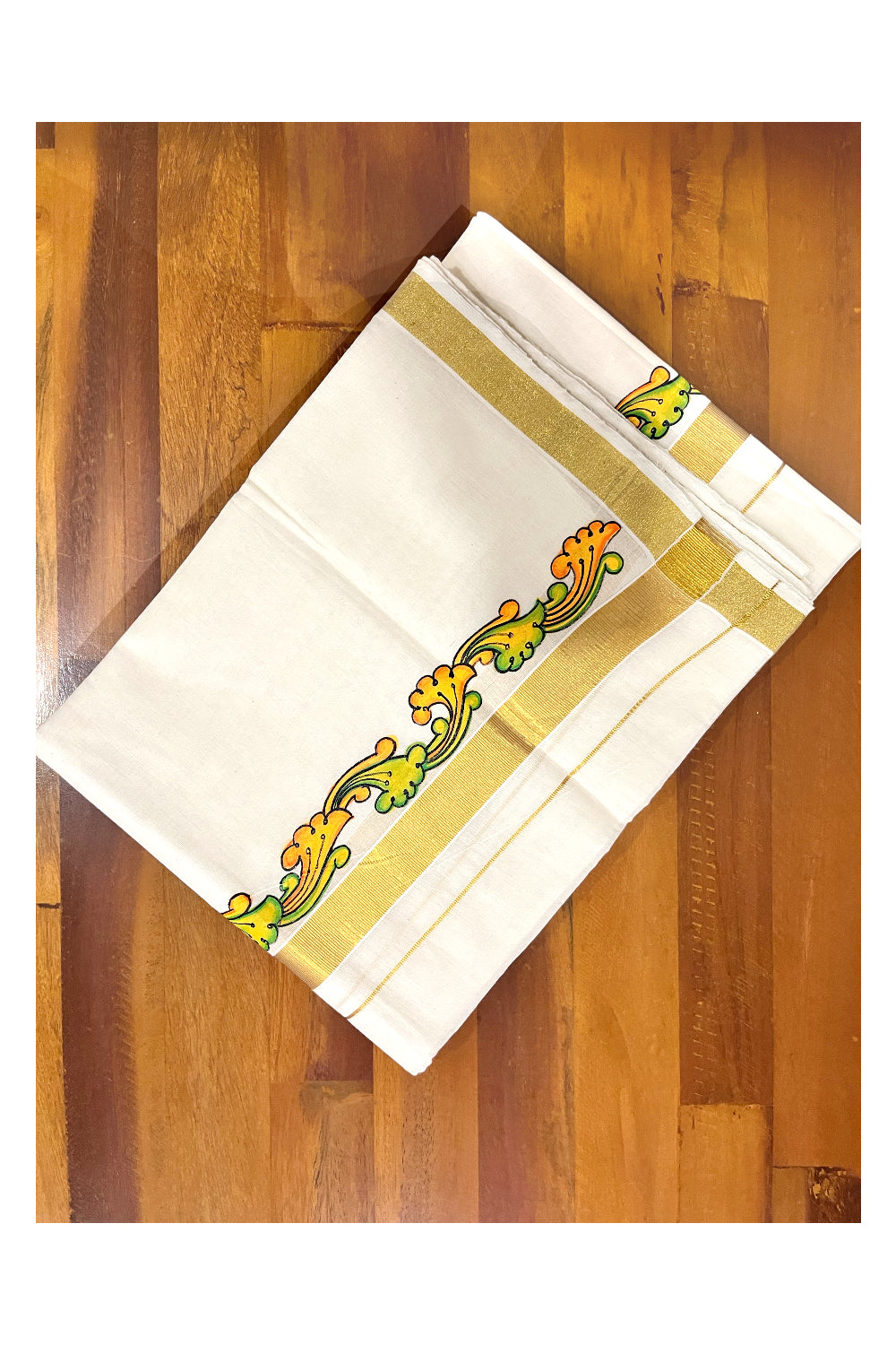 Kerala Pure Cotton Double Mundu with Mural Painted Design on Kasavu Border (South Indian Kerala Dhoti)