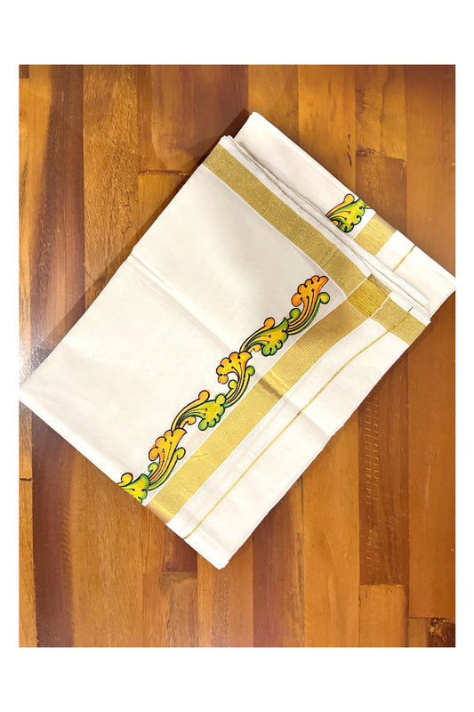 Kerala Pure Cotton Double Mundu with Mural Painted Design on Kasavu Border (South Indian Kerala Dhoti)