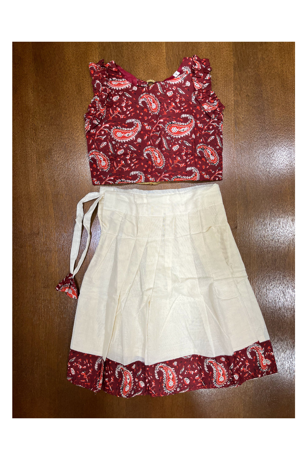 Pure Cotton Maroon Floral Crop Top and Off White Pavada (Age - 5)