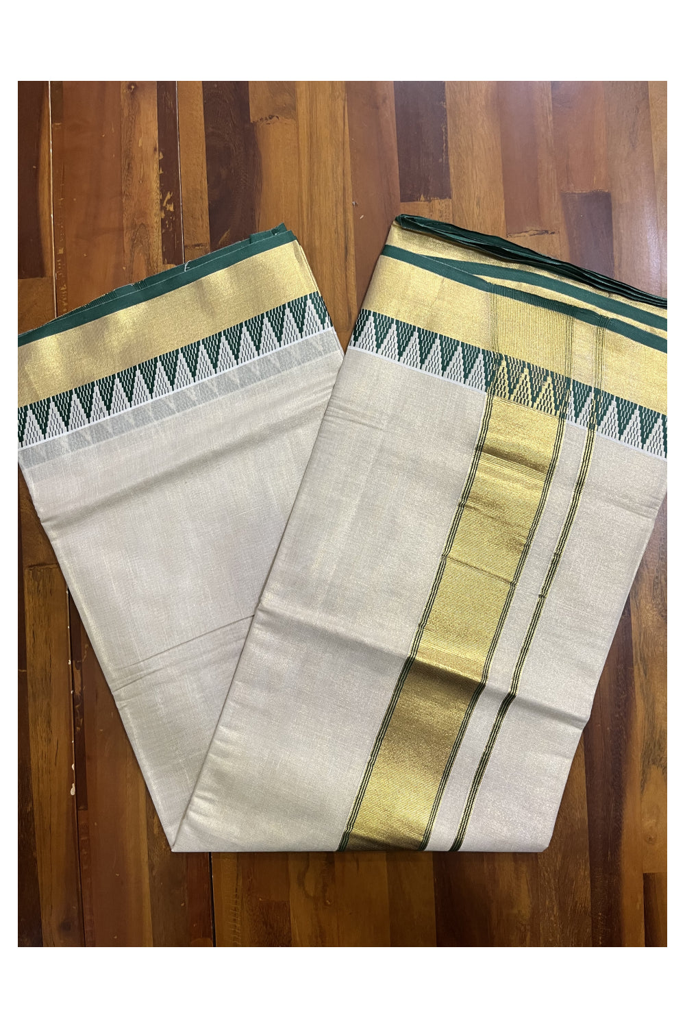 Kerala Tissue Saree with Kasavu and Green Temple Woven Designs on Border (Vishu 2024 Collection)