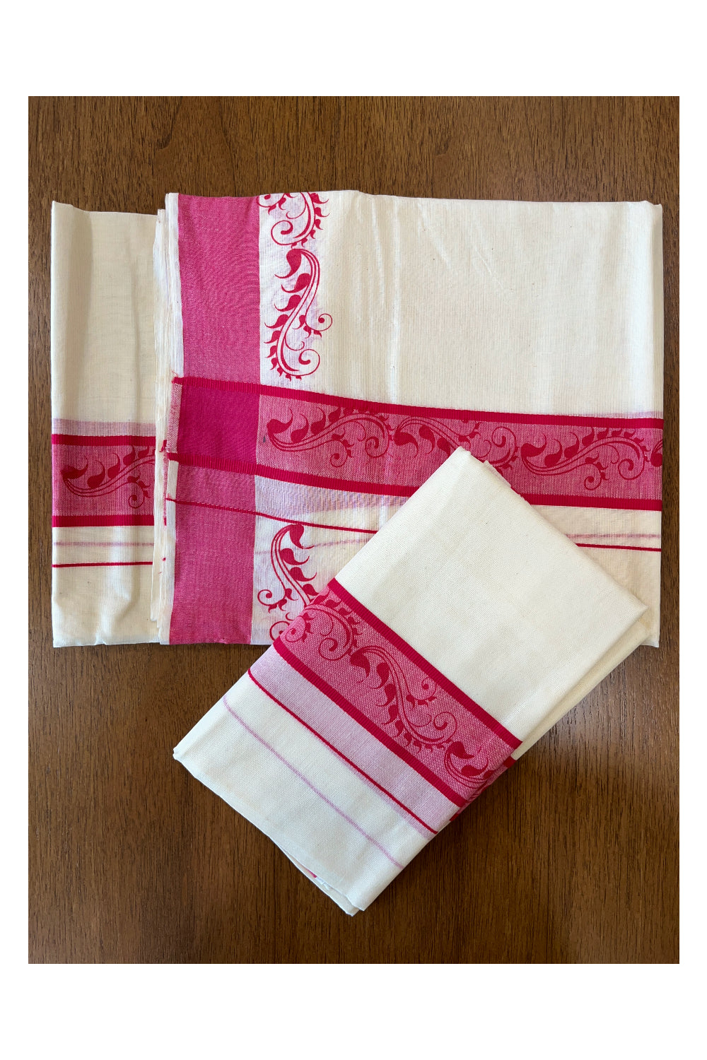 Cotton Single Set Mundu (Mundu Neriyathum) with Block Prints on Pink Border