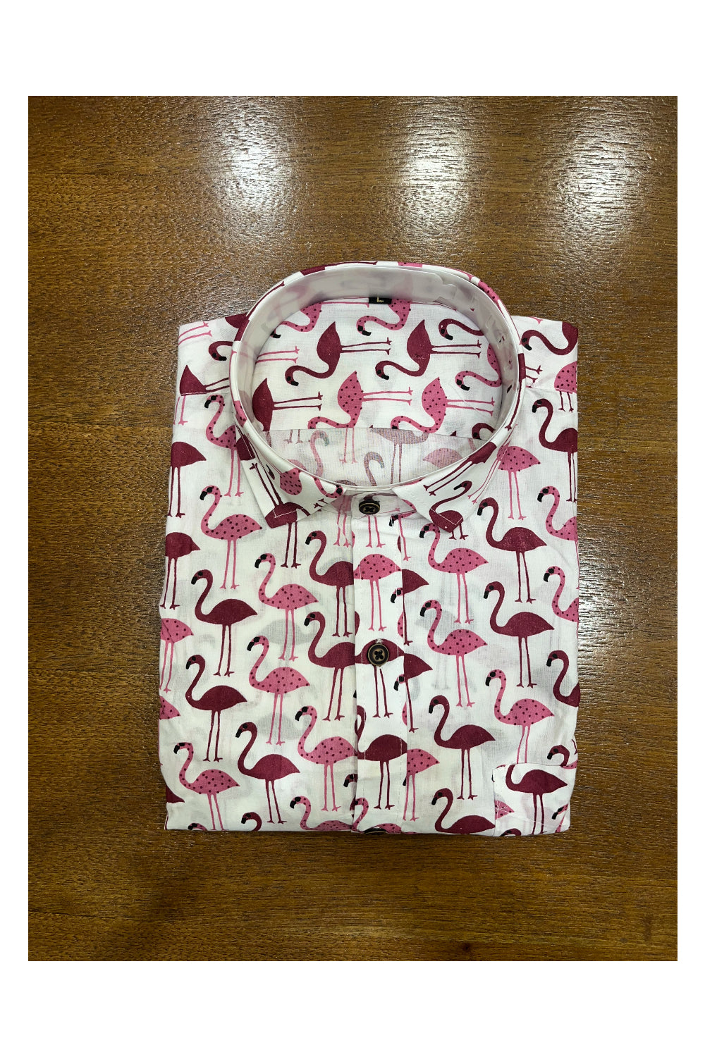 Southloom Jaipur Cotton White Hand Block Flamingo Printed Shirt (Half Sleeves)