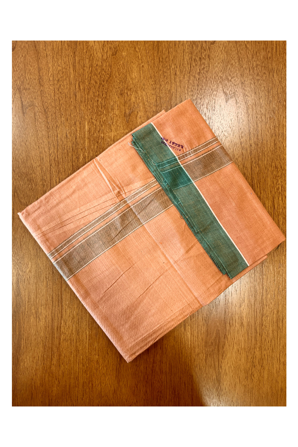 Southloom Premium Handloom Saffron (Kaavi) Solid Single Mundu (Lungi) with Green Border