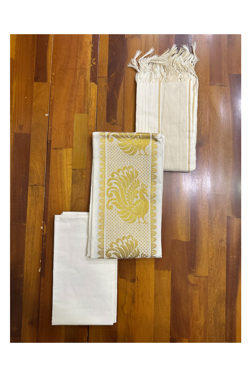 Kerala Cotton Churidar Salwar Material with Kasavu Peacock Woven Design (include Lines Shawl / Dupatta)