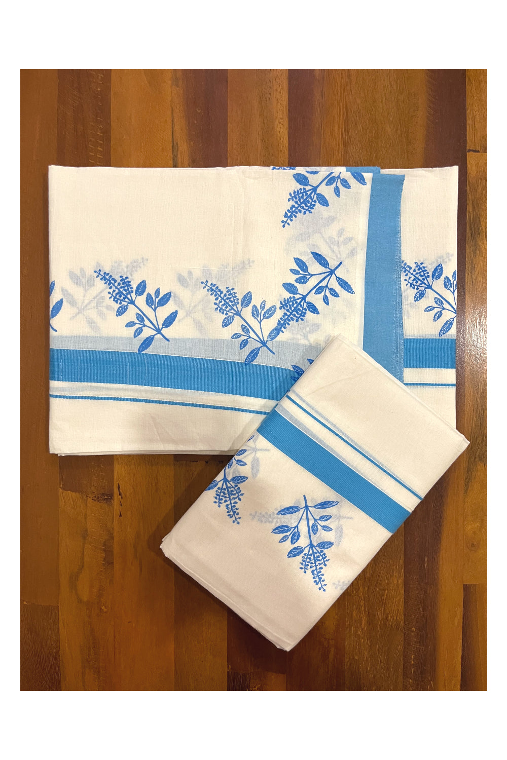 Kerala Cotton Mundum Neriyathum Single (Set Mundu) with Blue Thalasi Kathir Block Prints on Border 2.80 Mtrs