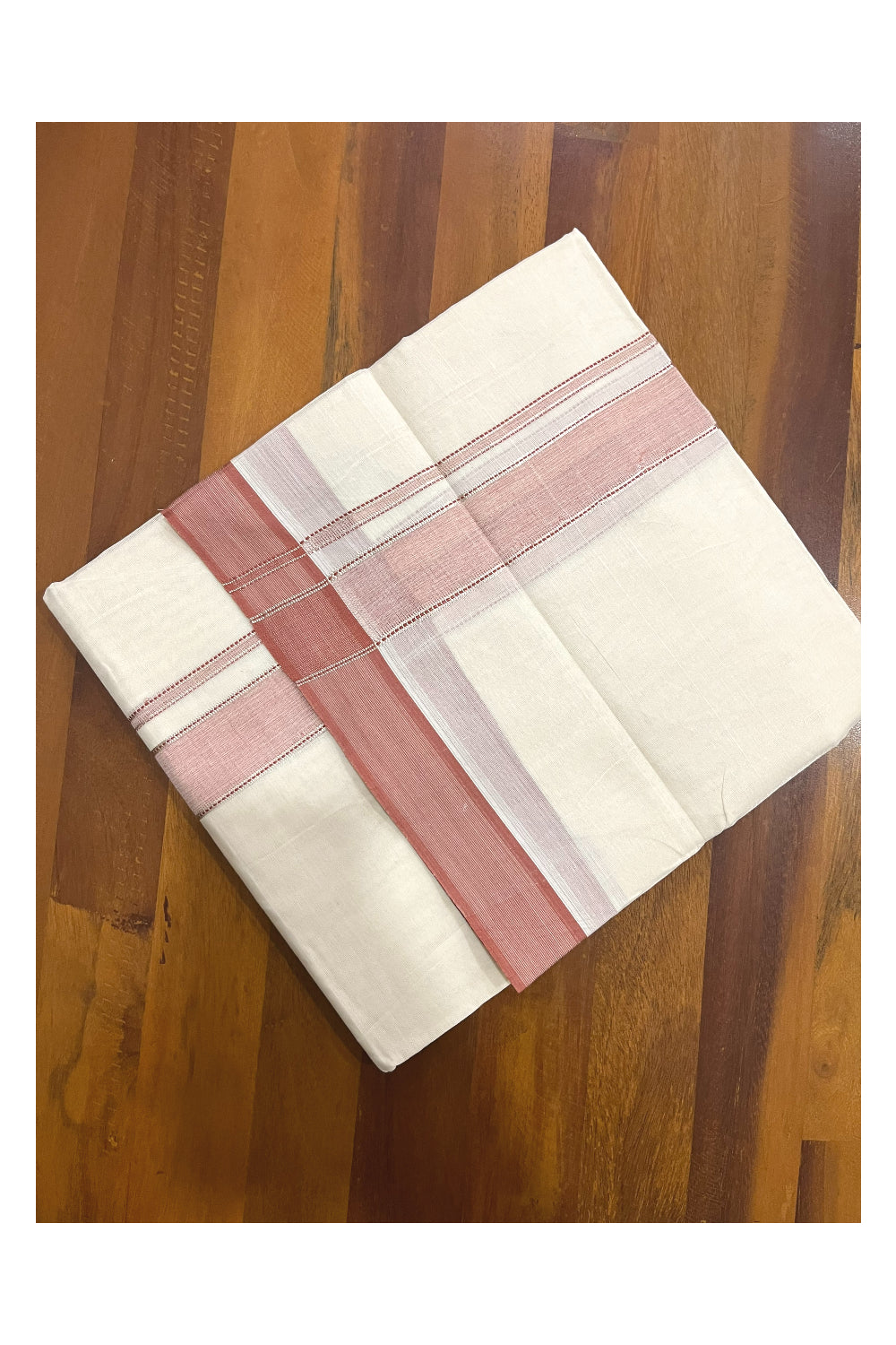 Pure Cotton 100x100 Double Mundu with Silver Kasavu and Brick Red Kara (Onam Mundu 2023)