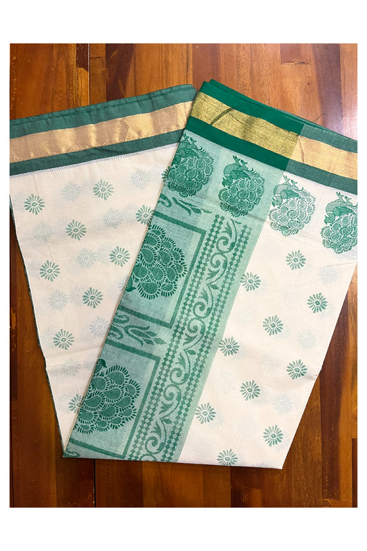 Pure Cotton Kerala Saree with Green Heavy Woven Peacock Designs and Kasavu Border (Vishu 2024 Collection)