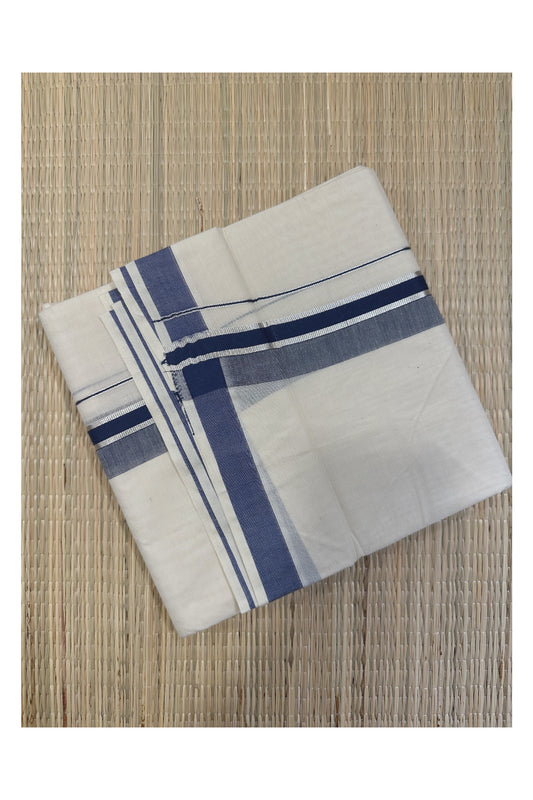 Off White Kerala Double Mundu with Silver Kasavu and Blue Kara (South Indian Kerala Dhoti)