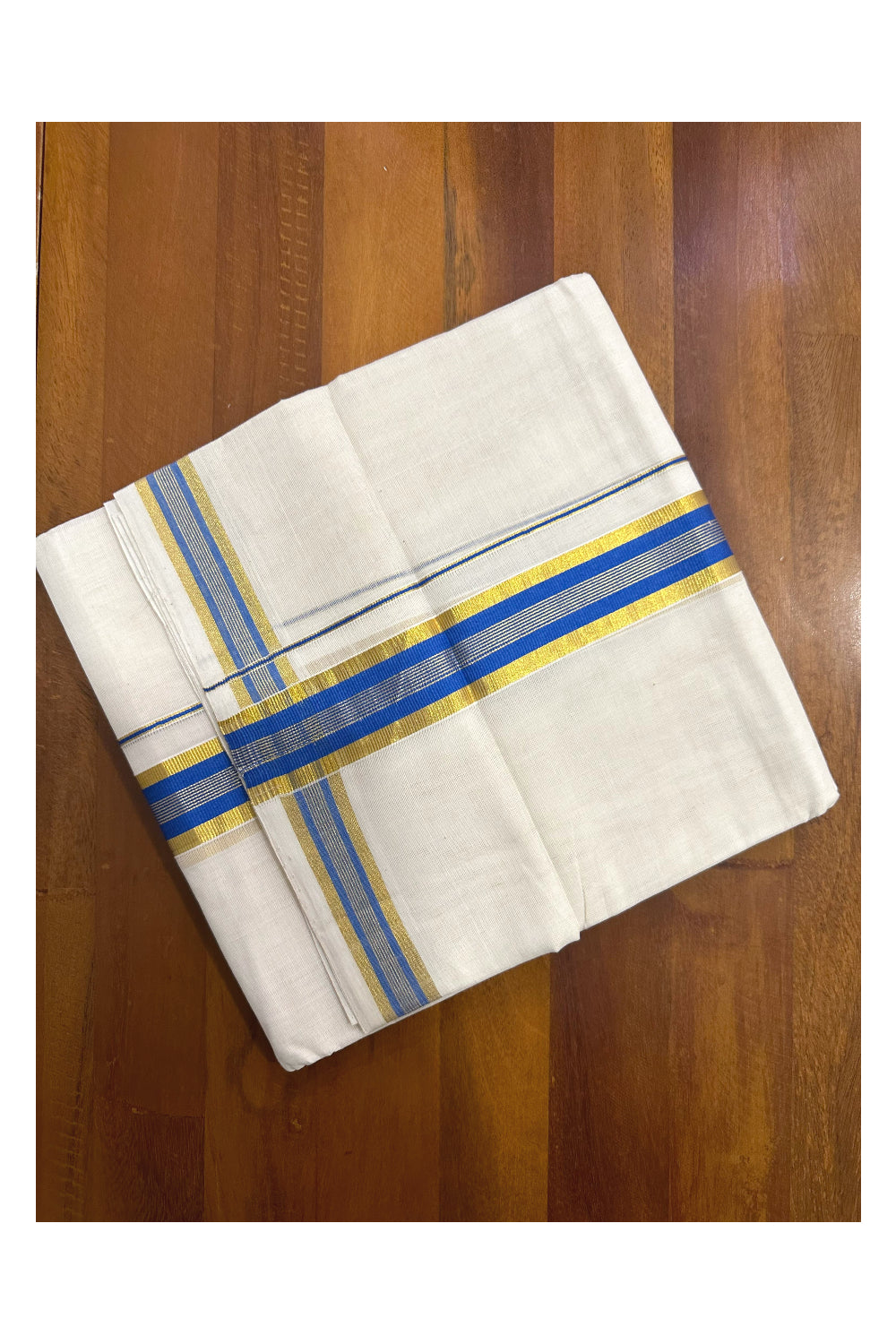 Southloom Premium Handloom Mundu with Blue and Kasavu Kara (Onam Mundu 2023)