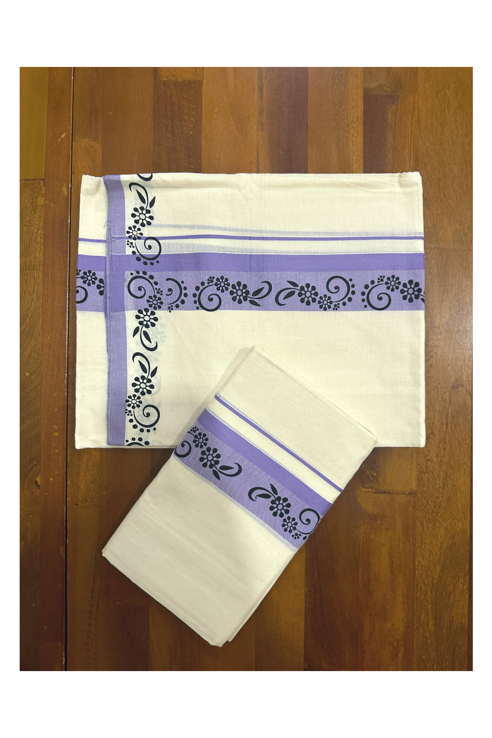 Kerala Cotton Set Mundu (Mundum Neriyathum) with Block Prints on Violet Border (Onam Set Mundu 2023)