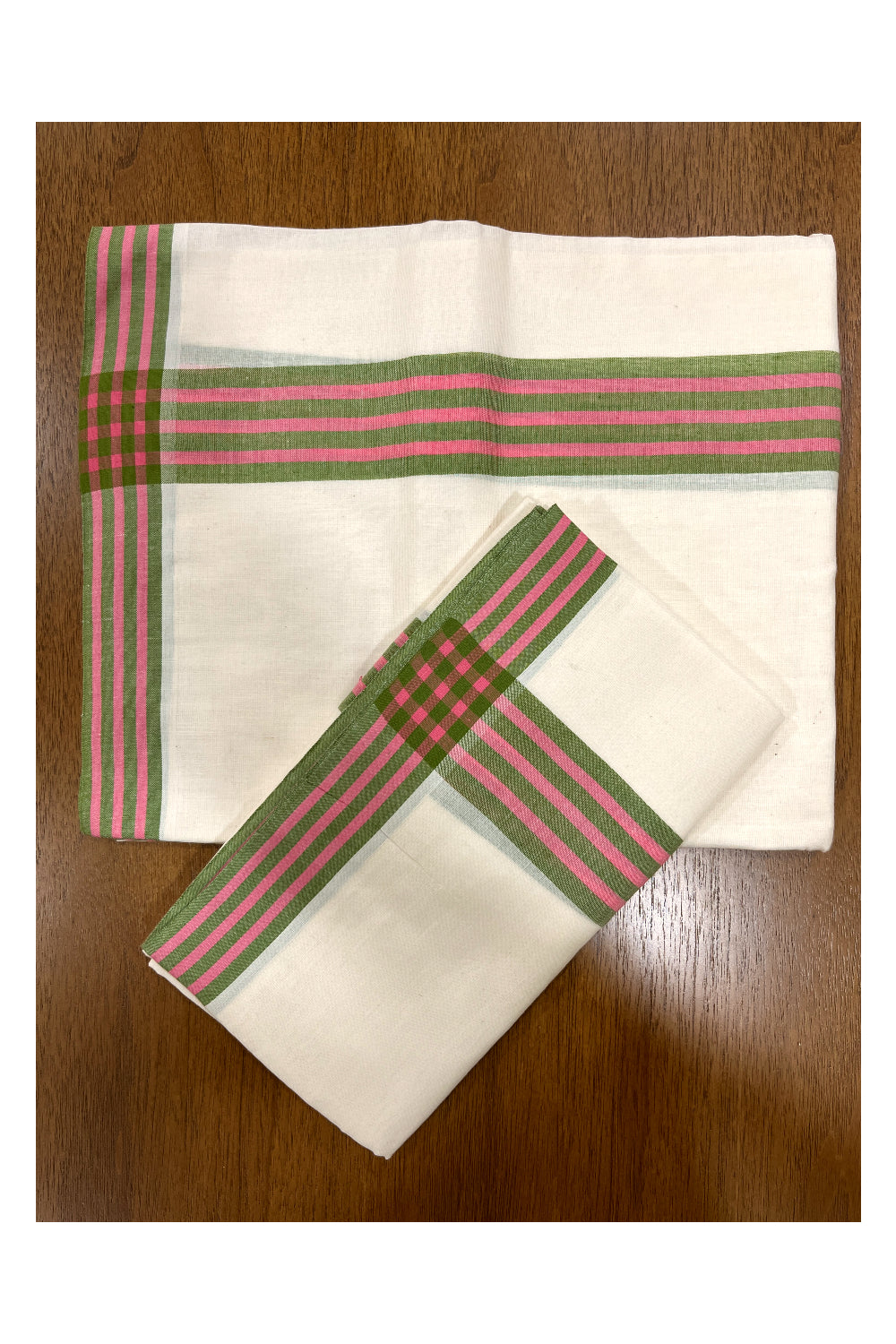 Kerala Cotton Mulloth Mundum Neriyathum Single (Set Mundu) with Green and Pink Border (Extra Soft Cotton)