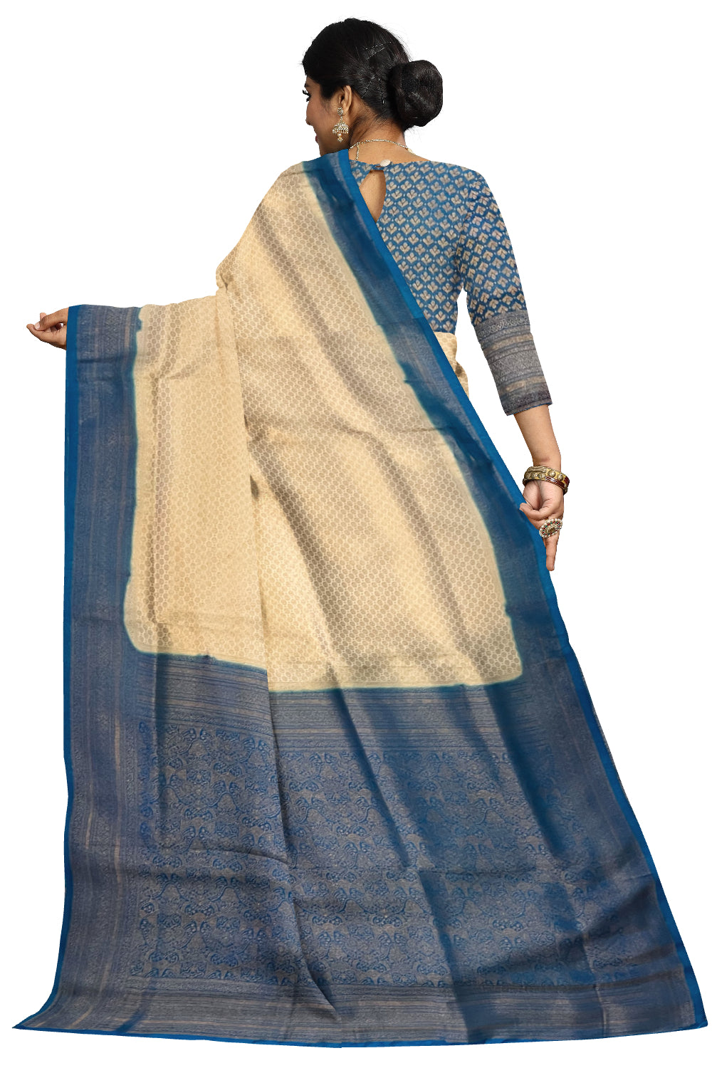 Southloom Soft Silk Beige Designer Saree with Blue Border