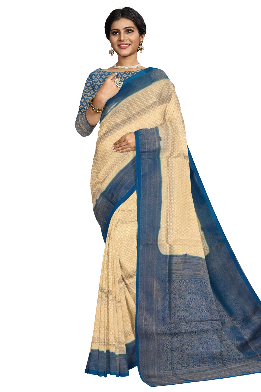 Southloom Soft Silk Beige Designer Saree with Blue Border