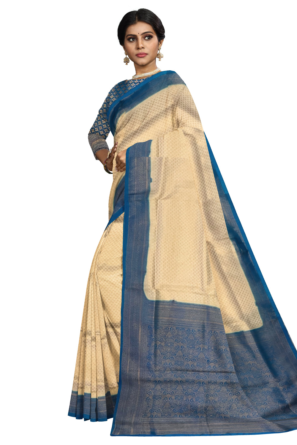 Southloom Soft Silk Beige Designer Saree with Blue Border