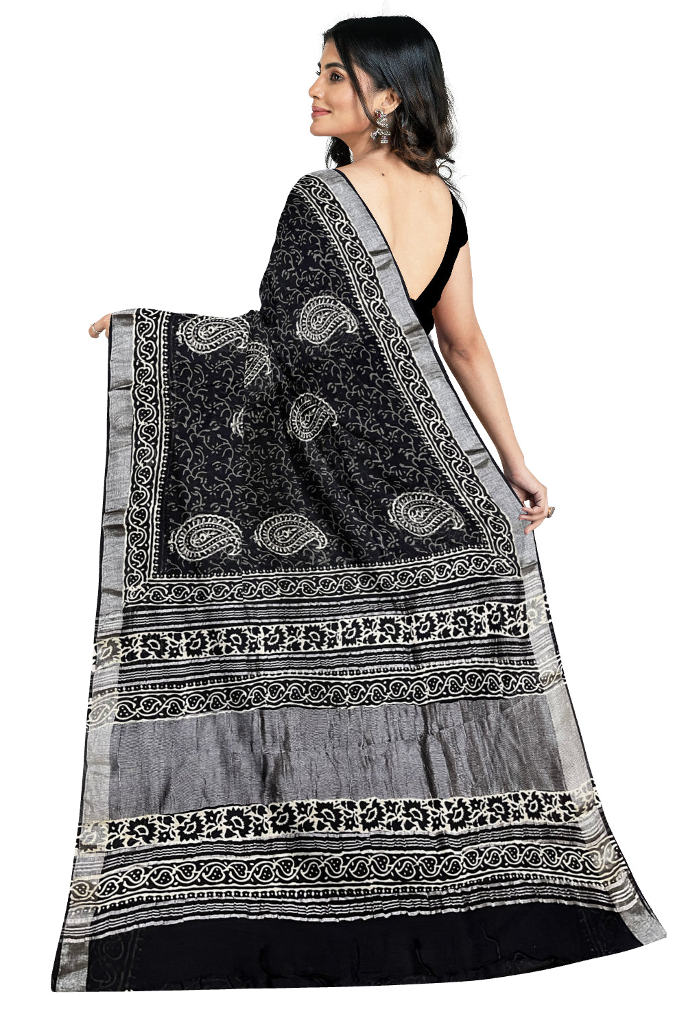 Southloom Linen Black Designer Saree with Pasley Prints