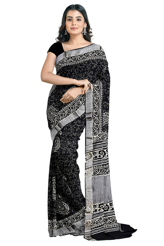 Southloom Linen Black Designer Saree with Pasley Prints