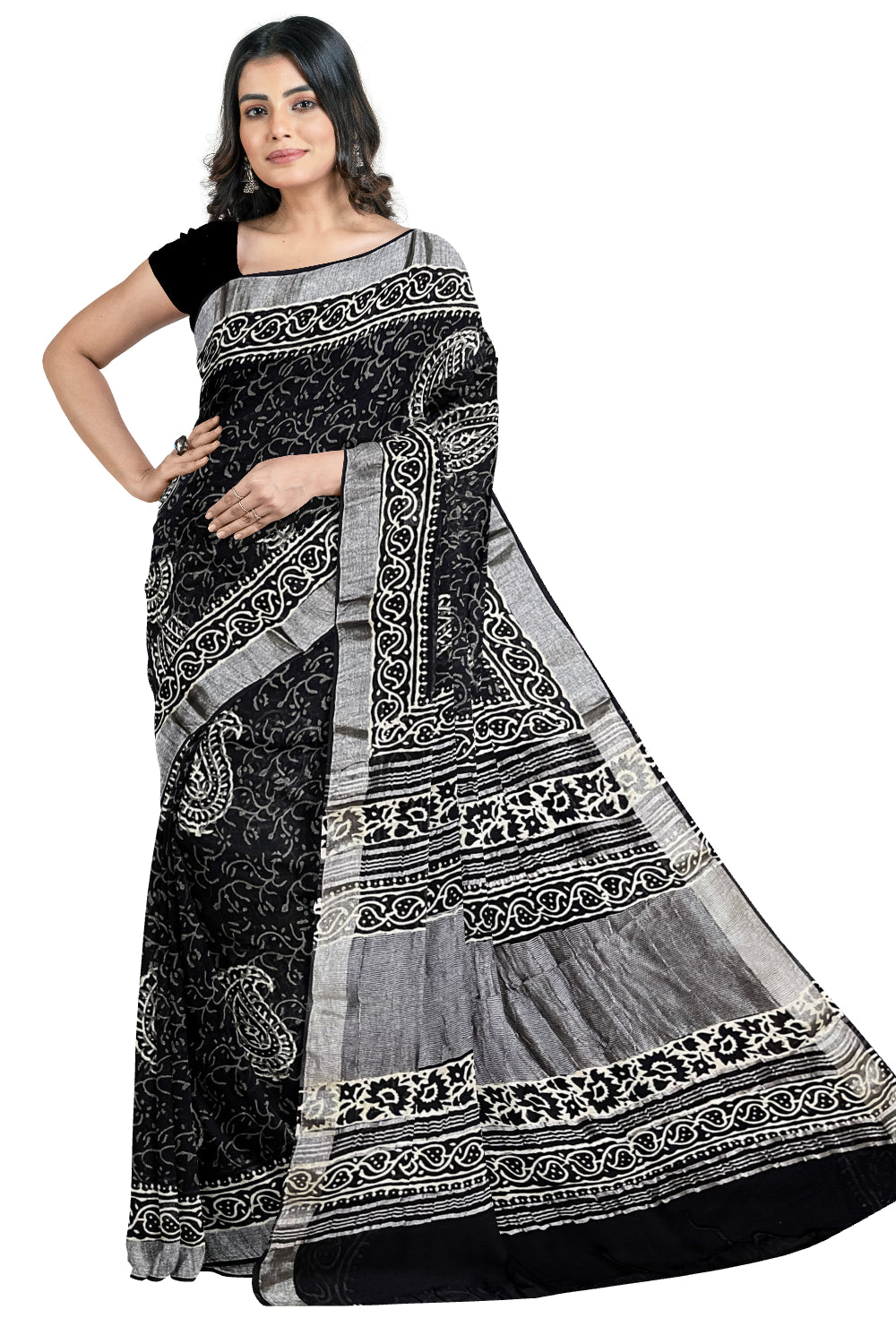 Southloom Linen Black Designer Saree with Pasley Prints