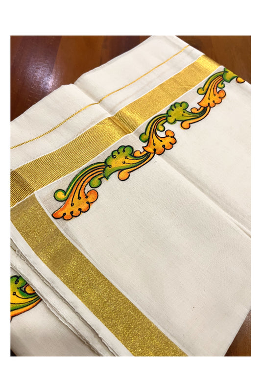 Kerala Pure Cotton Double Mundu with Mural Painted Design on Kasavu Border (South Indian Kerala Dhoti)