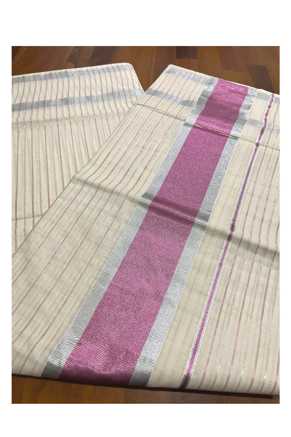 Pure Cotton Kerala Saree with Silver and Pink Kasavu Lines Across Body