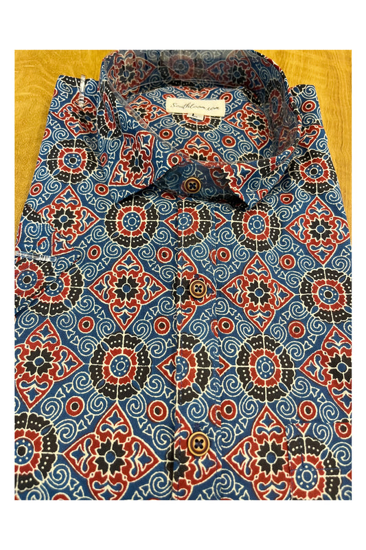 Southloom Jaipur Cotton Blue Hand Block Printed Shirt (Half Sleeves)