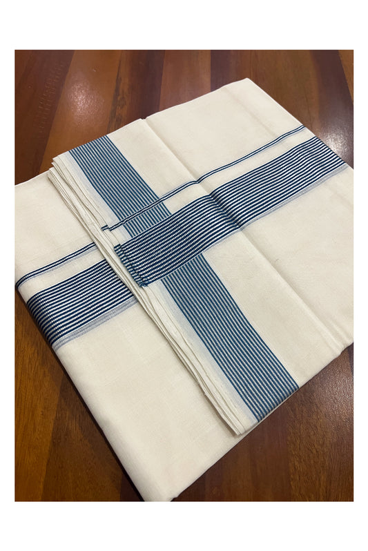 Southloom Premium Handloom Cotton Double Mundu with Silver Kasavu and Blue Lines Border (South Indian Kerala Dhoti)