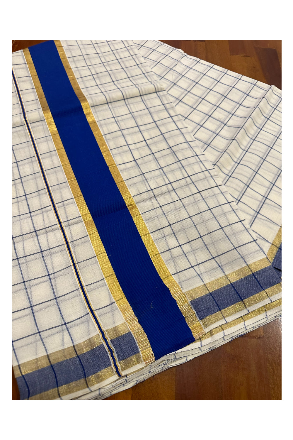 Kerala Woven Check Design Saree with Kasavu and Blue Border