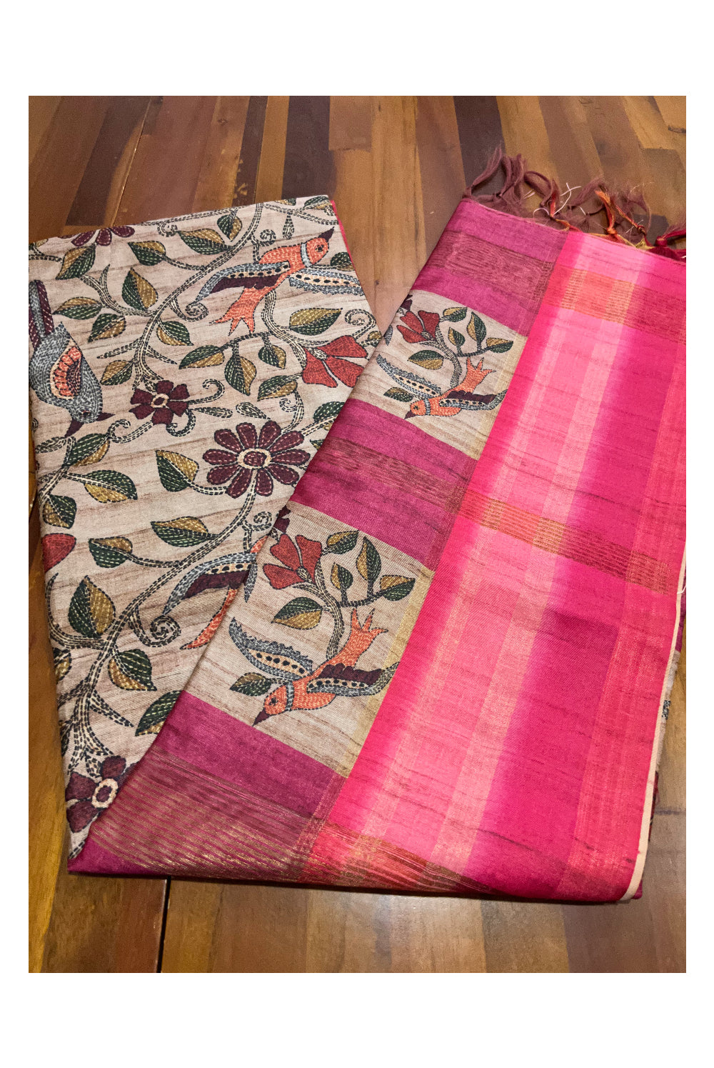 Southloom Semi Tussar Bird Floral Woven Grey Designer Saree with Pink Border