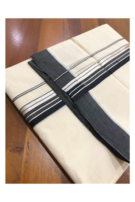 Pure Cotton 100x100 Double Mundu with Silver Kasavu and Black Border (Onam Mundu 2023)