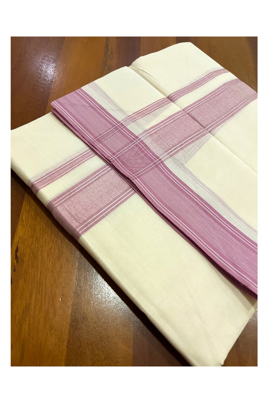 Pure Cotton 100x100 Double Mundu with Pink and Silver Kasavu Line Border (Onam Mundu 2023)