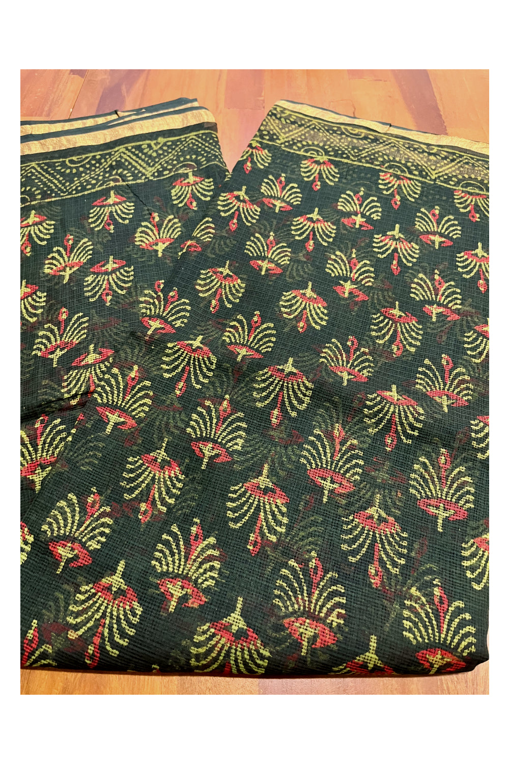 Southloom Kota Fabric Floral Printed Dark Green Saree
