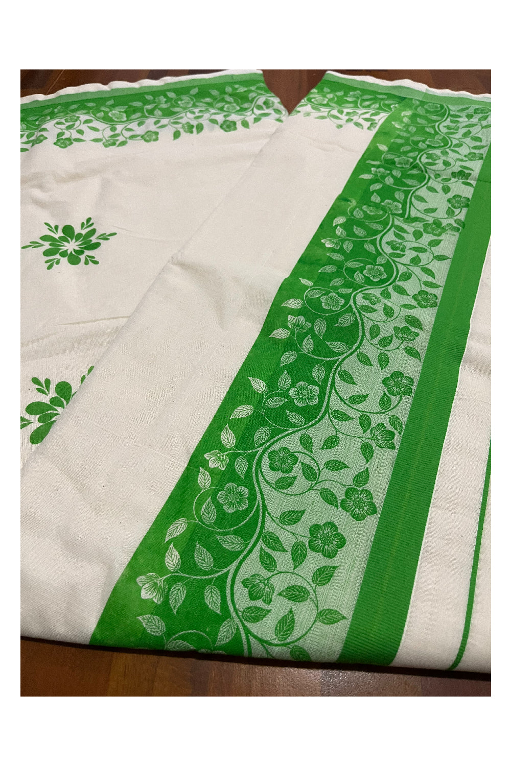 Kerala Cotton Saree with Light Green Floral Block Prints on Border (Onam Saree 2023)