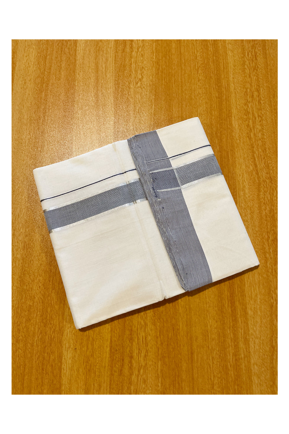 Southloom Premium Handloom Cotton Double Mundu with Silver Kasavu And Blue Lines Border