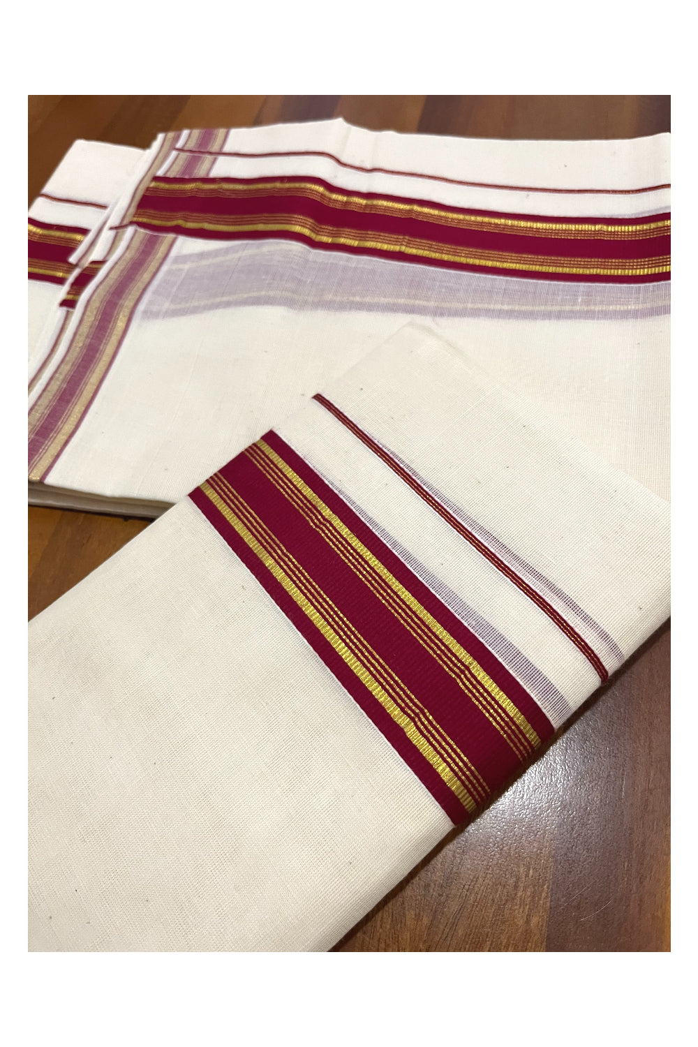 Pure Cotton Kerala Single Set Mundu (Mundum Neriyathum) with Maroon and Kasavu Border 2.80 Mtrs (Onam Set Mundu 2023)