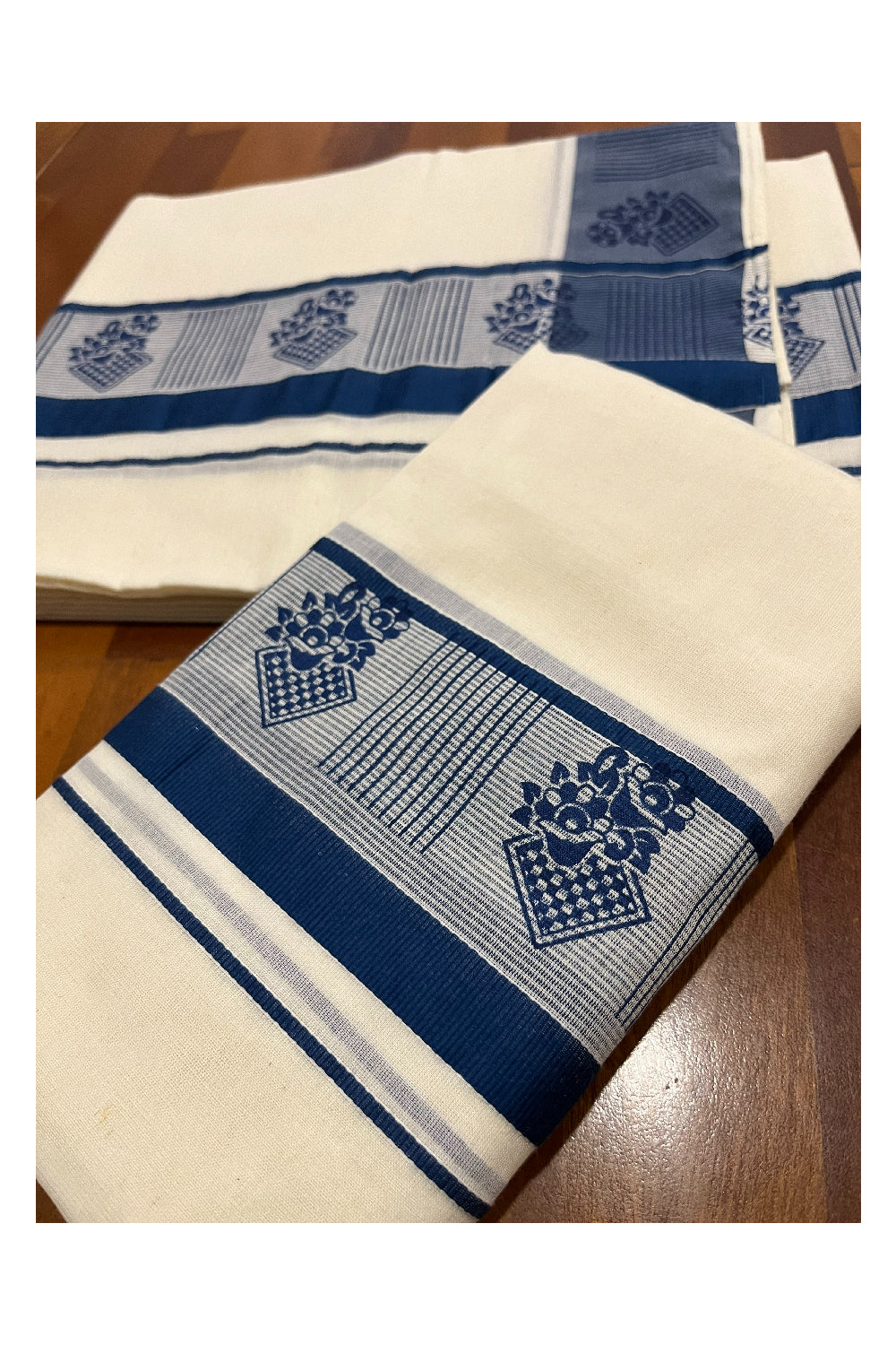 Southloom Pure Cotton Kerala Single Set Mundu with Blue Block Prints on Border (Onam Set Mundu 2023)