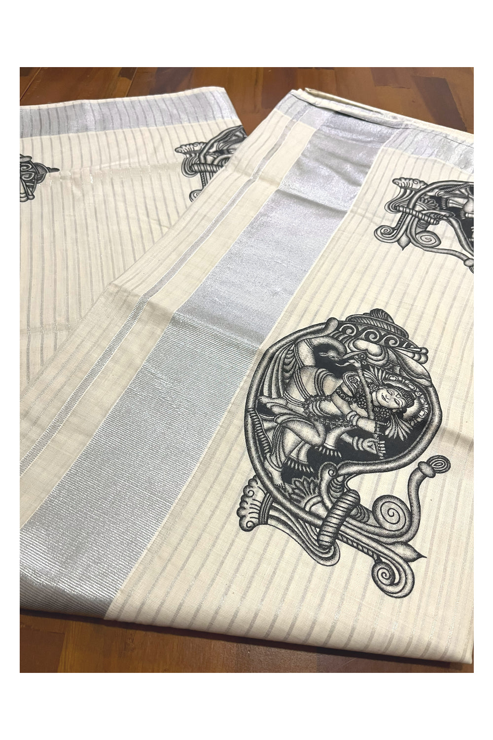 Pure Cotton Kerala Silver Kasavu Lines Design Saree with Krishna on Shell Mural Prints