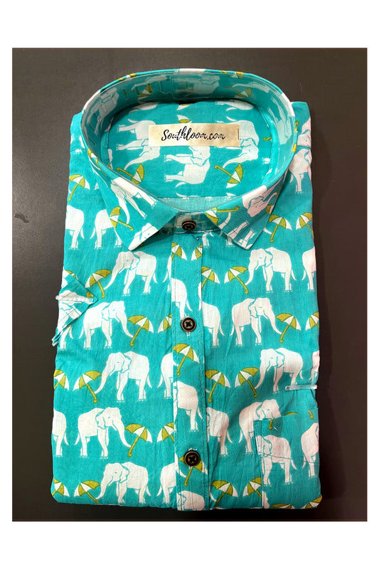 Southloom Jaipur Cotton Turquoise with Elephant Hand Block Printed Shirt (Half Sleeves)