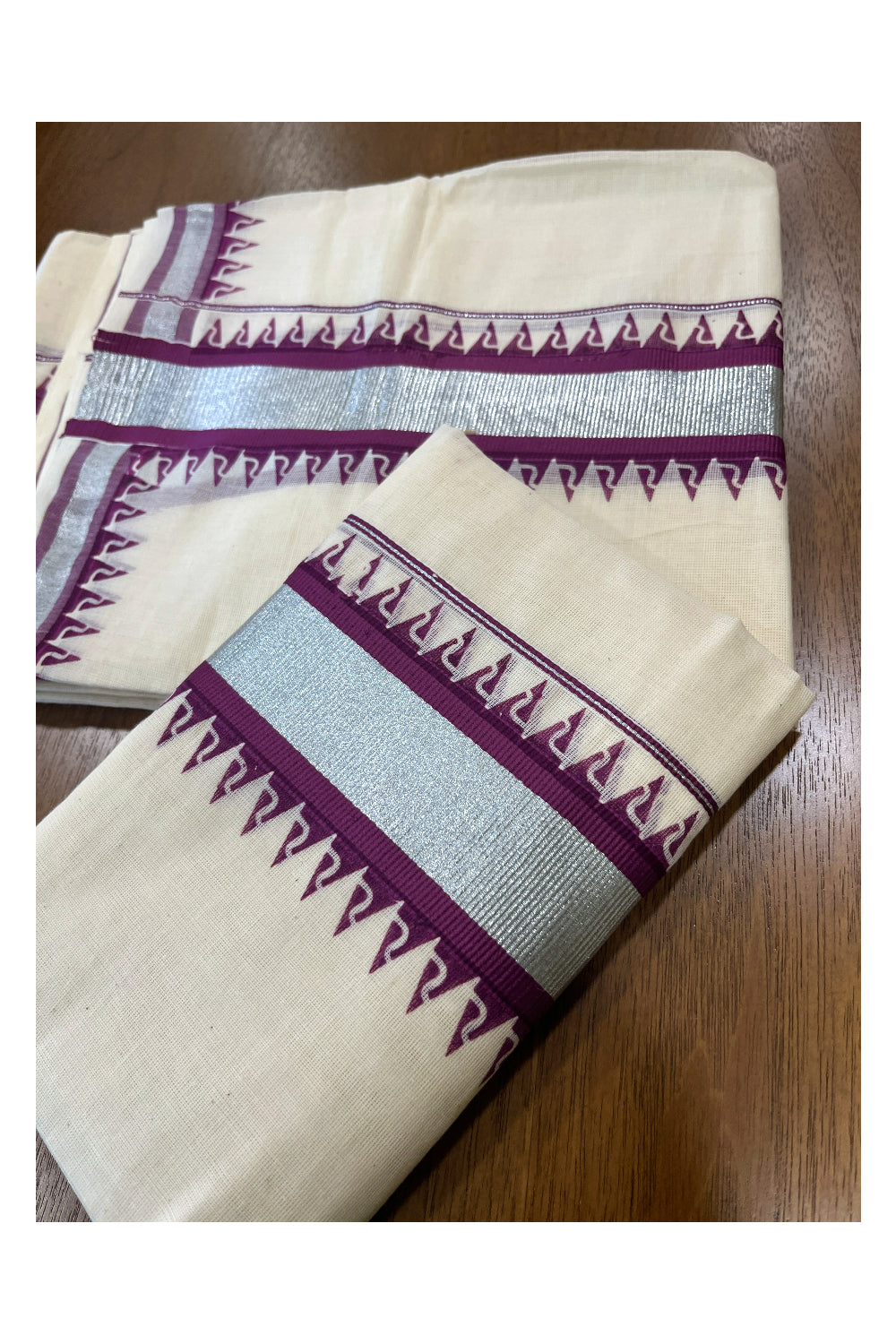 Cotton Single Set Mundu (Mundu Neriyathum) with Magenta Temple Block Prints and Silver Kasavu Border