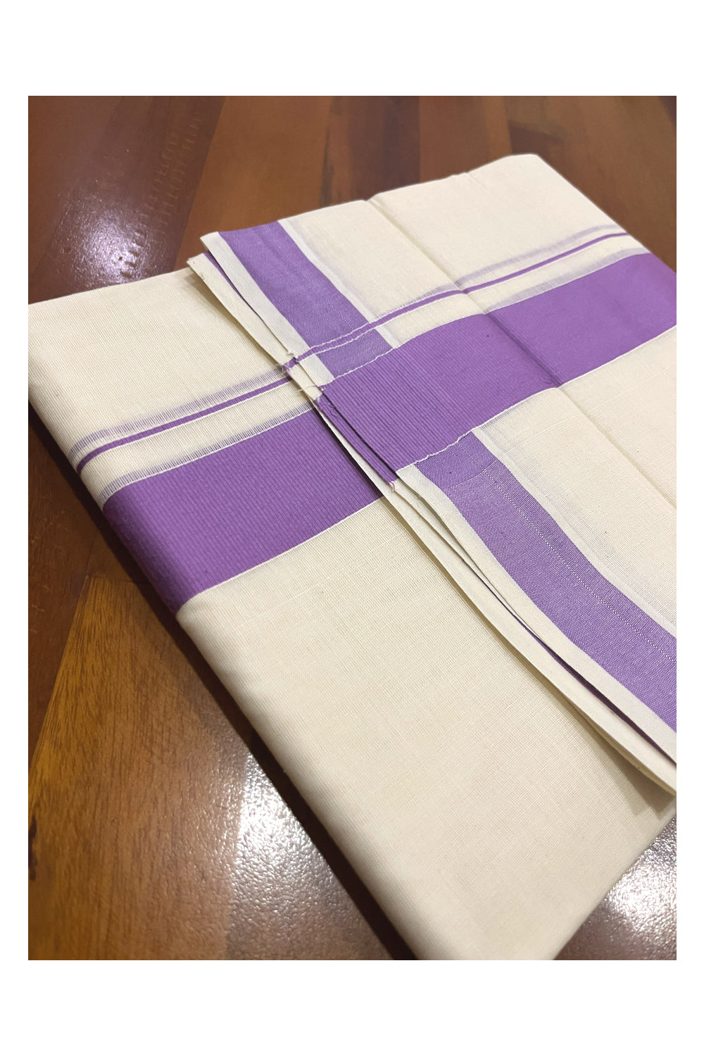 Off White Kerala Double Mundu with Violet Kara (South Indian Kerala Dhoti)