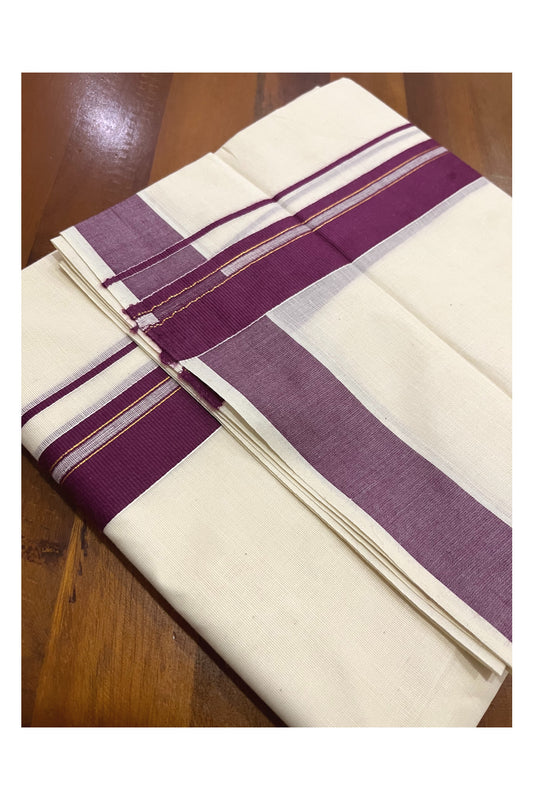 Pure Cotton Kerala Double Mundu with Purple and Kasavu Line Kara (South Indian Kerala Dhoti)