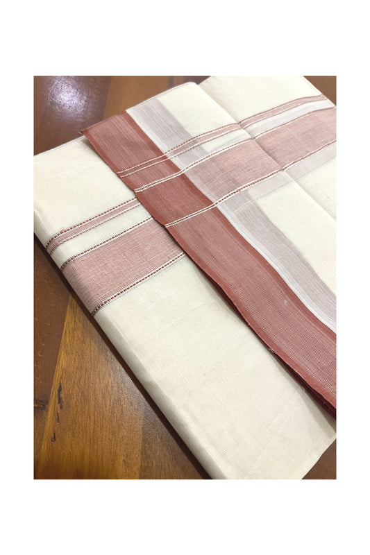 Pure Cotton 100x100 Double Mundu with Silver Kasavu and Brick Red Kara (Onam Mundu 2023)