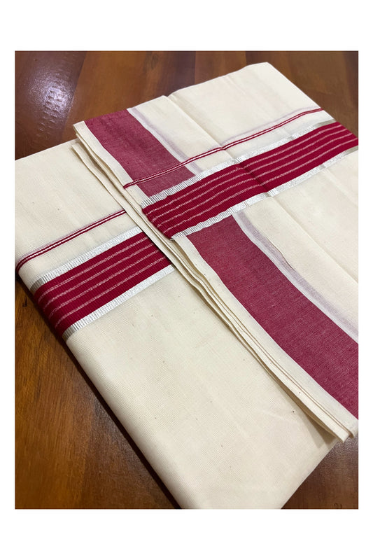 Kerala Cotton Double Mundu with Maroon and Silver Kasavu Line Border (Onam Mundu 2023)